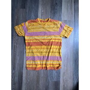 King Maker Striped V-Neck T-Shirt Mens XL Yellow Multi Color Good Short Sleeve
